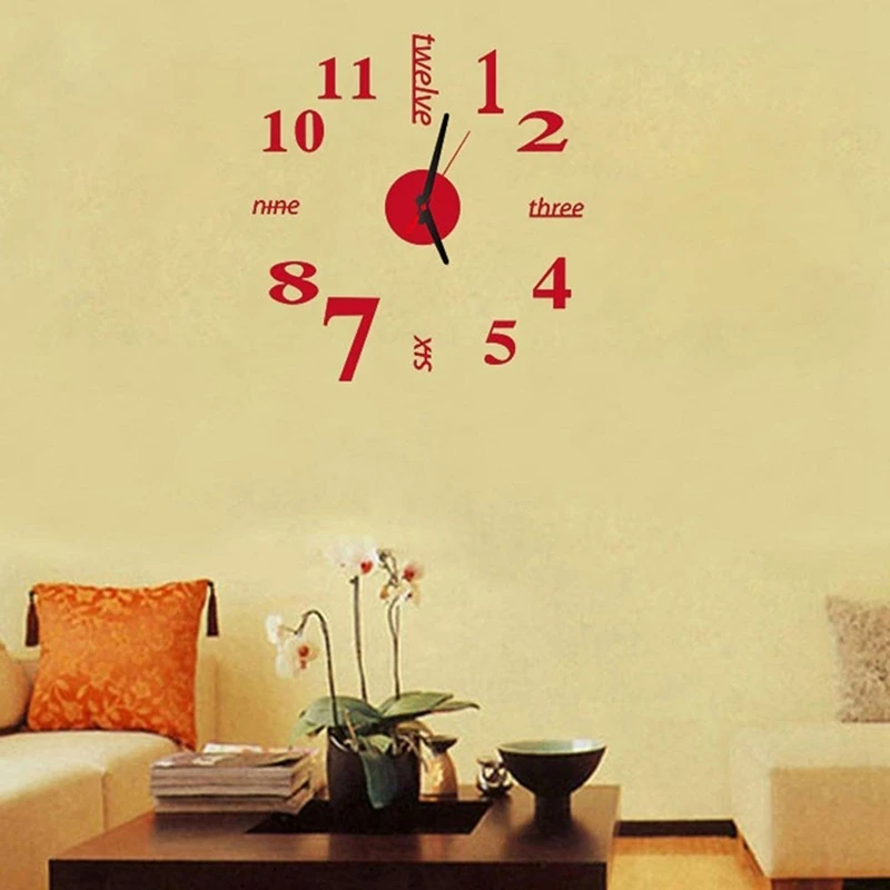 Modern Frameless 3D DIY Wall Clock Kit Decoration Home for Living Room Bedroom(Red) | Дом и сад