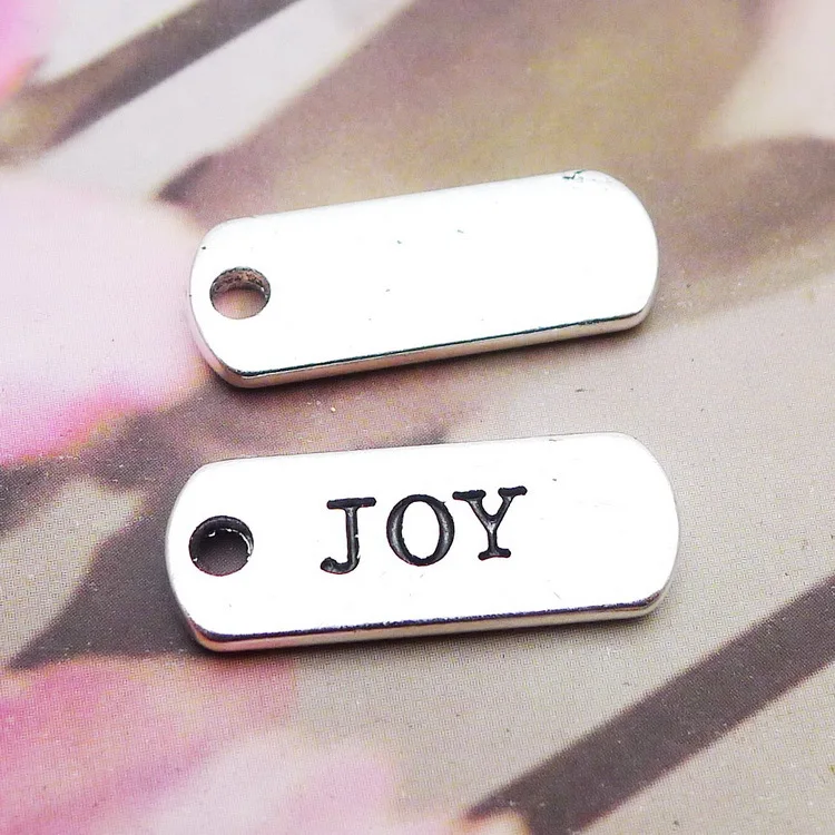 

Newest 10Pcs 8*21mm Antique Silver Color Alloy Joy Words Charms Rectangle Necklace Pendant Accessories Charms For Jewelry Making
