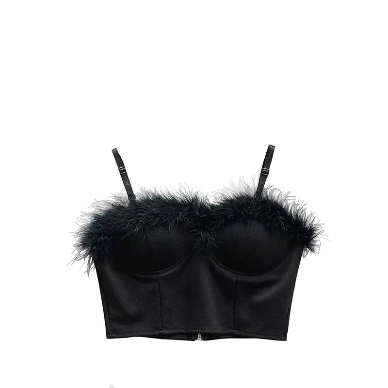 2019 Sexy Dark Black Ostrich Hair Tight Slight Elasticity Short Camis