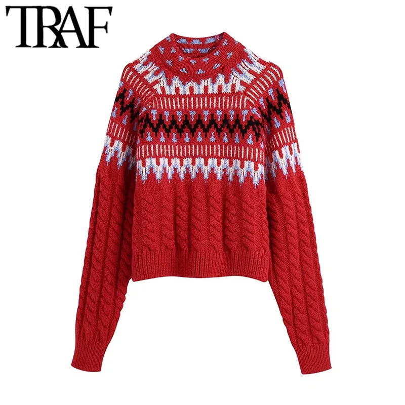 

Женский укороченный жаккардовый свитер с длинным рукавом и круглым вырезом