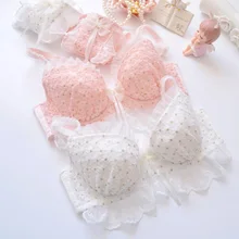 Sweet Lace Floral Girls Bra Set/2PCS Sexy Underwire Adjusted-straps Brassiere Bralette Korean Push Up Panties Underwear Suit (2)