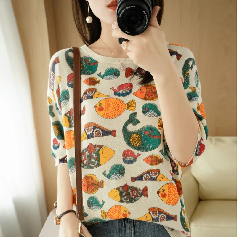 

2021 summer cotton knitted short sleeve top women's T-shirt round neck loose half sleeve print backing foreign style knitwear