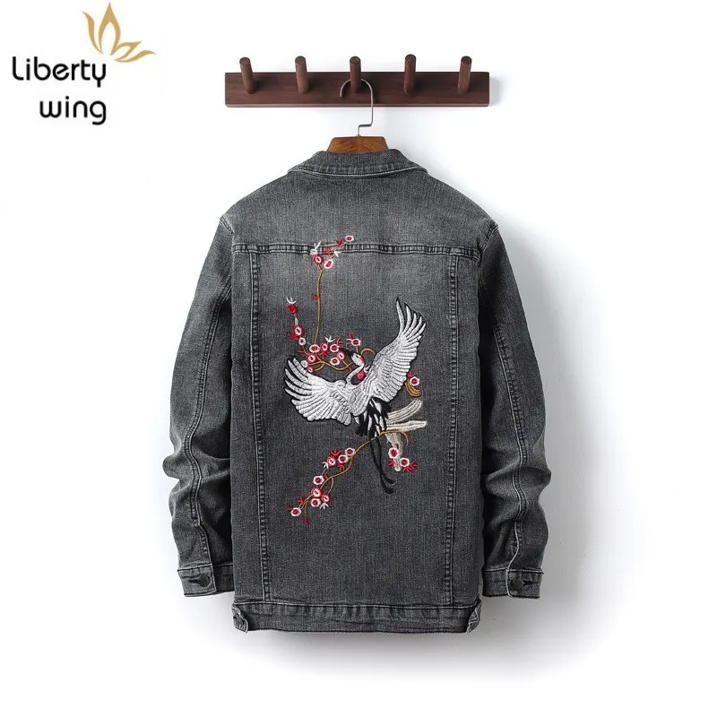 Plus Size 5XL Mens Casual Outwear Denim Harajuku Embroidery Jeans Coat Single Breasted Spring Autumn Man Loose Fit Jacket
