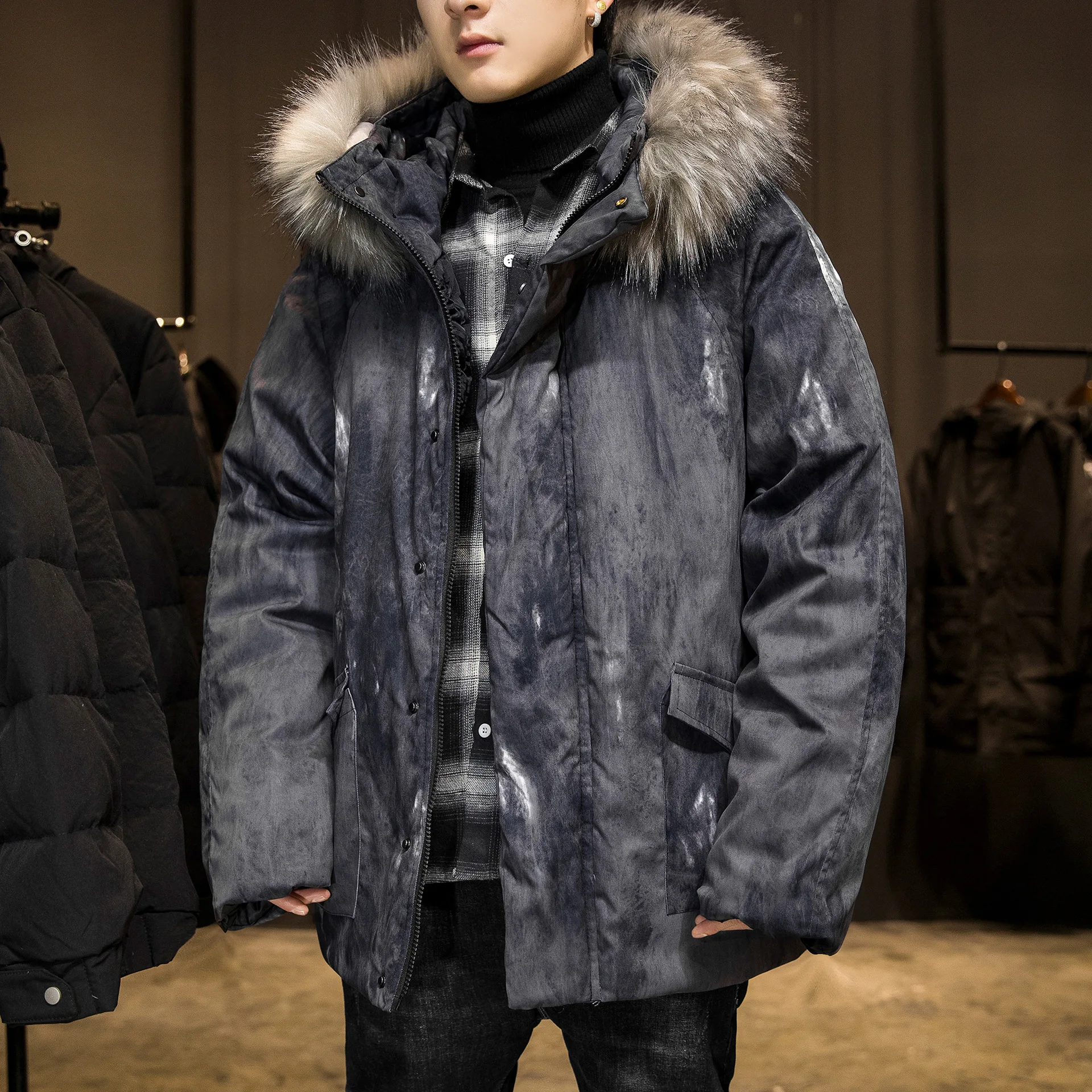 Winter men jacket Camouflage fashion trend coat popular logo warm loose loose casula big fur collar jacket  male