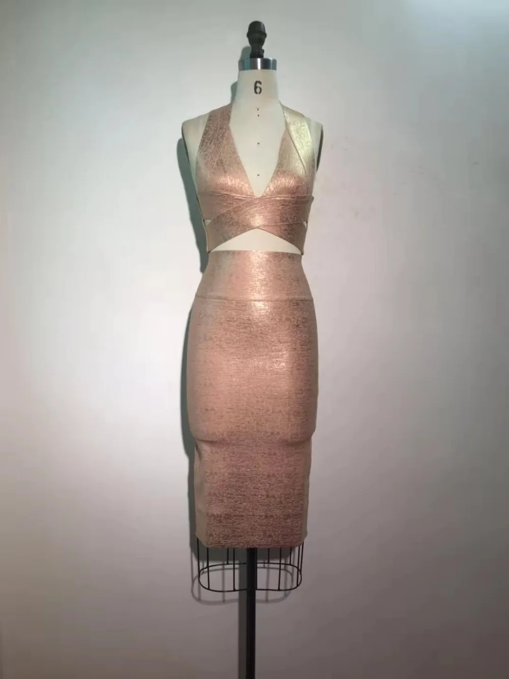 

Sale Vestido Sexy V Neck Bronzing Knee Length 2 Pieces Gold Bandage Dress Women Charming Bodycon Bandage Dress