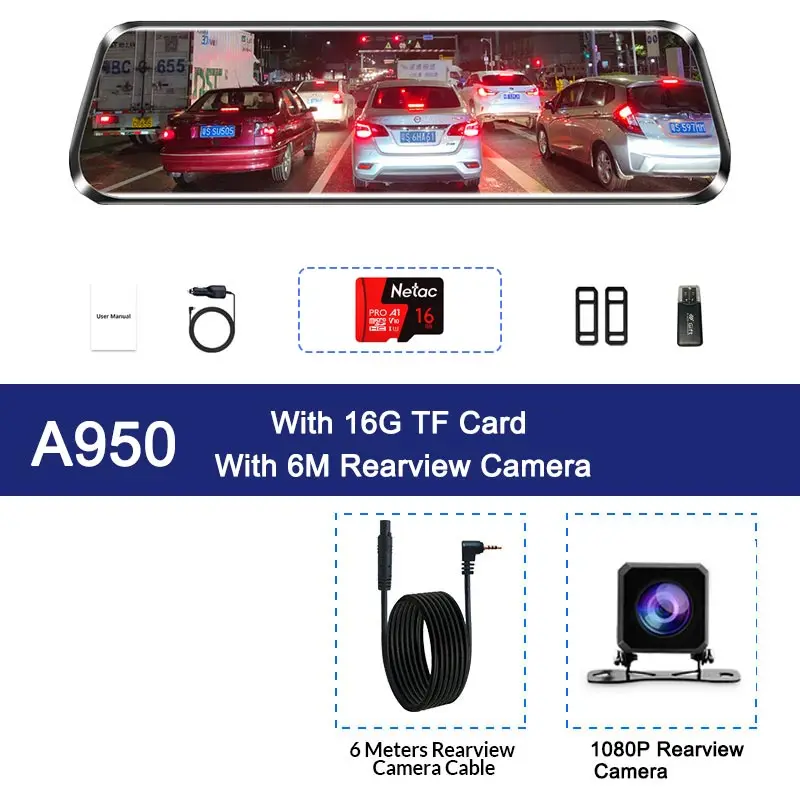 A950 -6M RC -16G Двойной 1080P 1" поток зеркало заднего вида автомобиля DVR 2.5D экран супер ночного видения Dash Cam камера видео рекордер Авто Регистратор - Название цвета: A950 -6M RC -16G