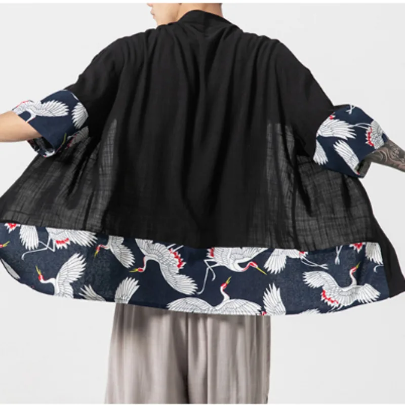 

#7931 Summer White Black Blue Sunscreen Cardigan Jacket Men Short Sleeve Cotton Linen Kimono Jacket Thin Spliced Plus Size 5XL