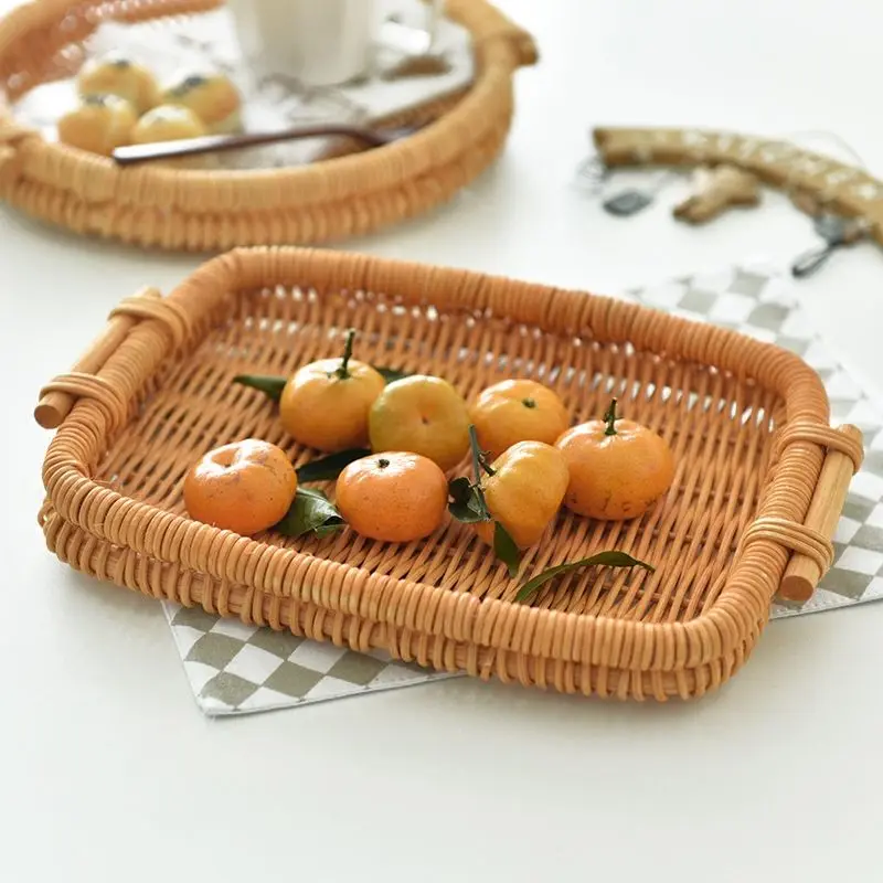 Из Ротанга ручной лоток с ручкой круглая квадратная Портативный хлеб контейнер