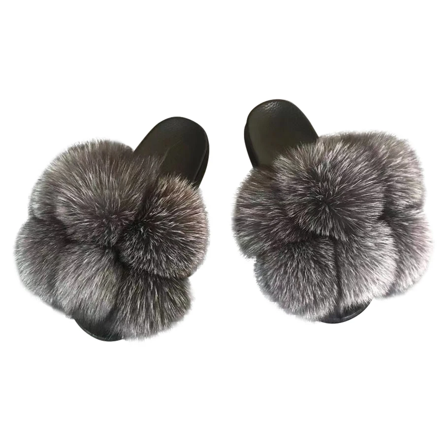 Pom Pom Fur Slippers For Women Fluffy Real Fox Fur Slides Furry Raccoon Fur Sandals Ladies Cute Fur Ball Flip Flops Rainbow Shoe