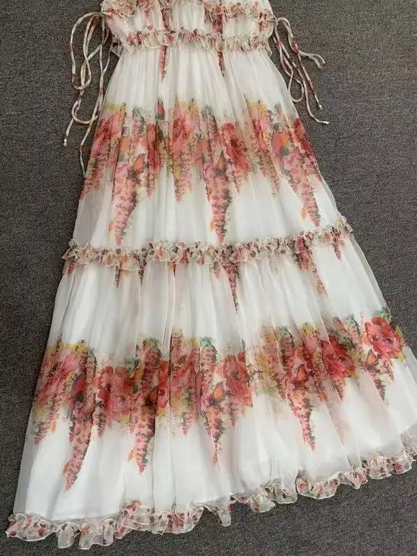 

Flower print women's dress sleeveless lace-up ruffle lady mini dress
