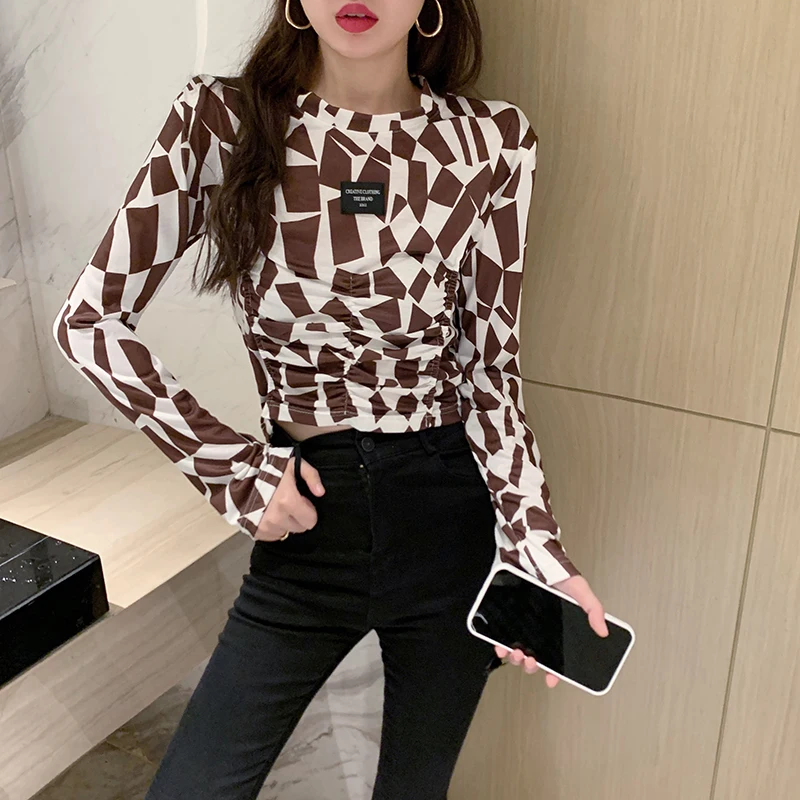 Autumn Women Vintage Long Sleeve Printing T-Shirt Female Slim Bodycon Short Top Casual Streetwear | Женская одежда