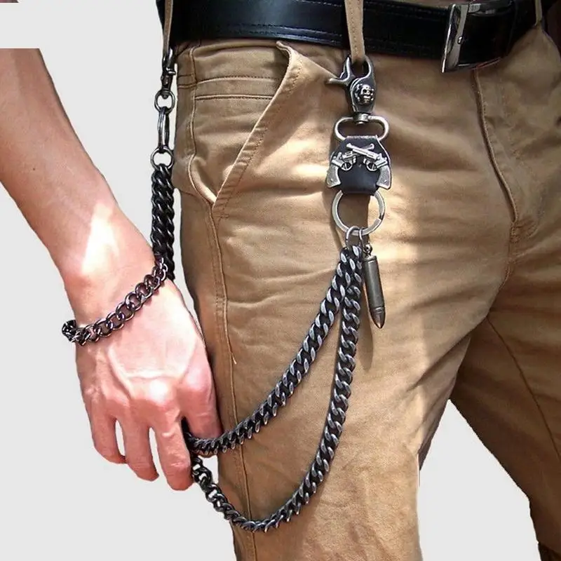 1PC Mens Hip Top Punk Rock Pants Trousers Jeans Waist Skull Men's Metal Wallet Link Chains Chain Strands Biker Key Two J1O6 | Украшения