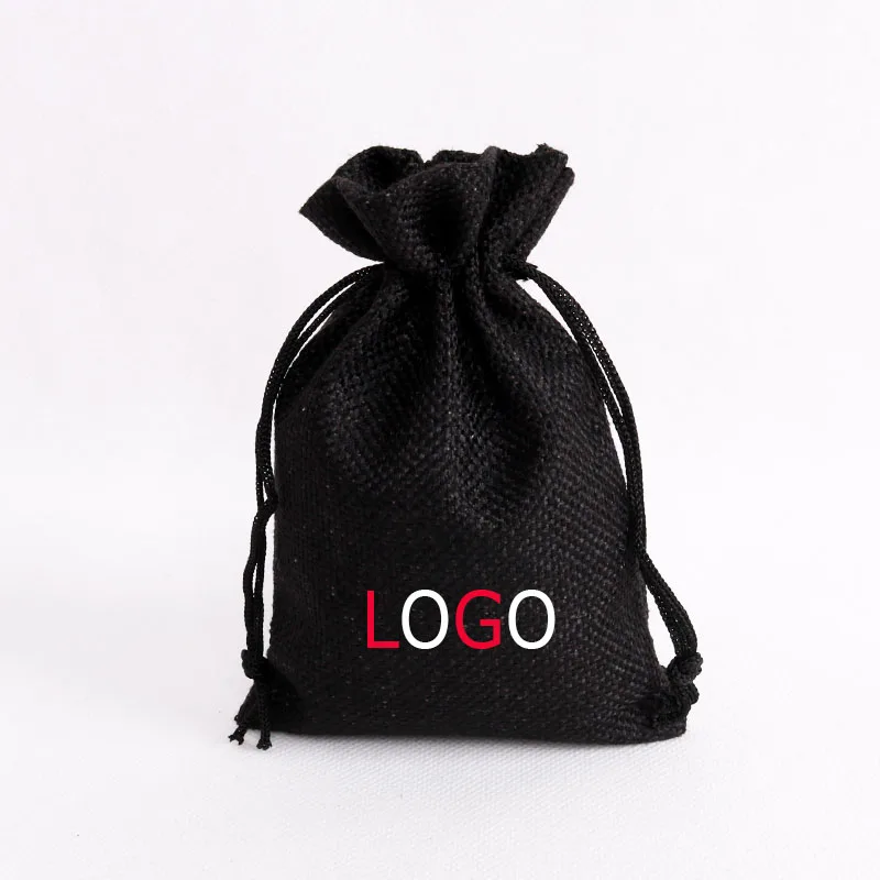 50 100pcs Jute Black Linen Jewelry Pouches Custom Personalized gold Logo Packaging Drawstring Gift Bag Wedding Party favor