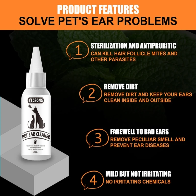 

Очиститель для домашних животных, 30 мл/1 унция, безопасные ингредиенты, капли для ушей для кошек и собак, осторожно удаляет воск и мусор, умен...