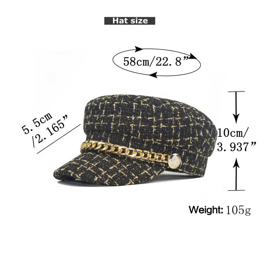 Новинка шапка в стиле милитари Осень зима берет с цепочкой Ретро стиль клетку