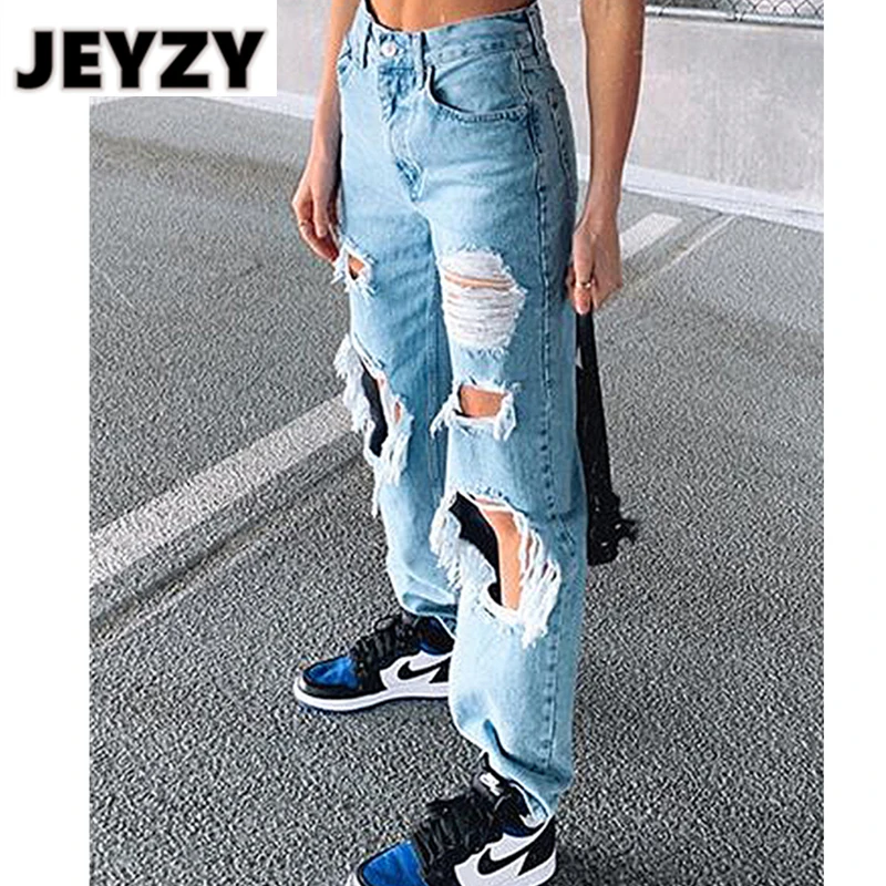 

High Waist Boyfriend Style Street Wear Classic Jeans Women's Baggy Jeans Ripped Holes Show Thin Slim Fit Pants Ladies Trousers