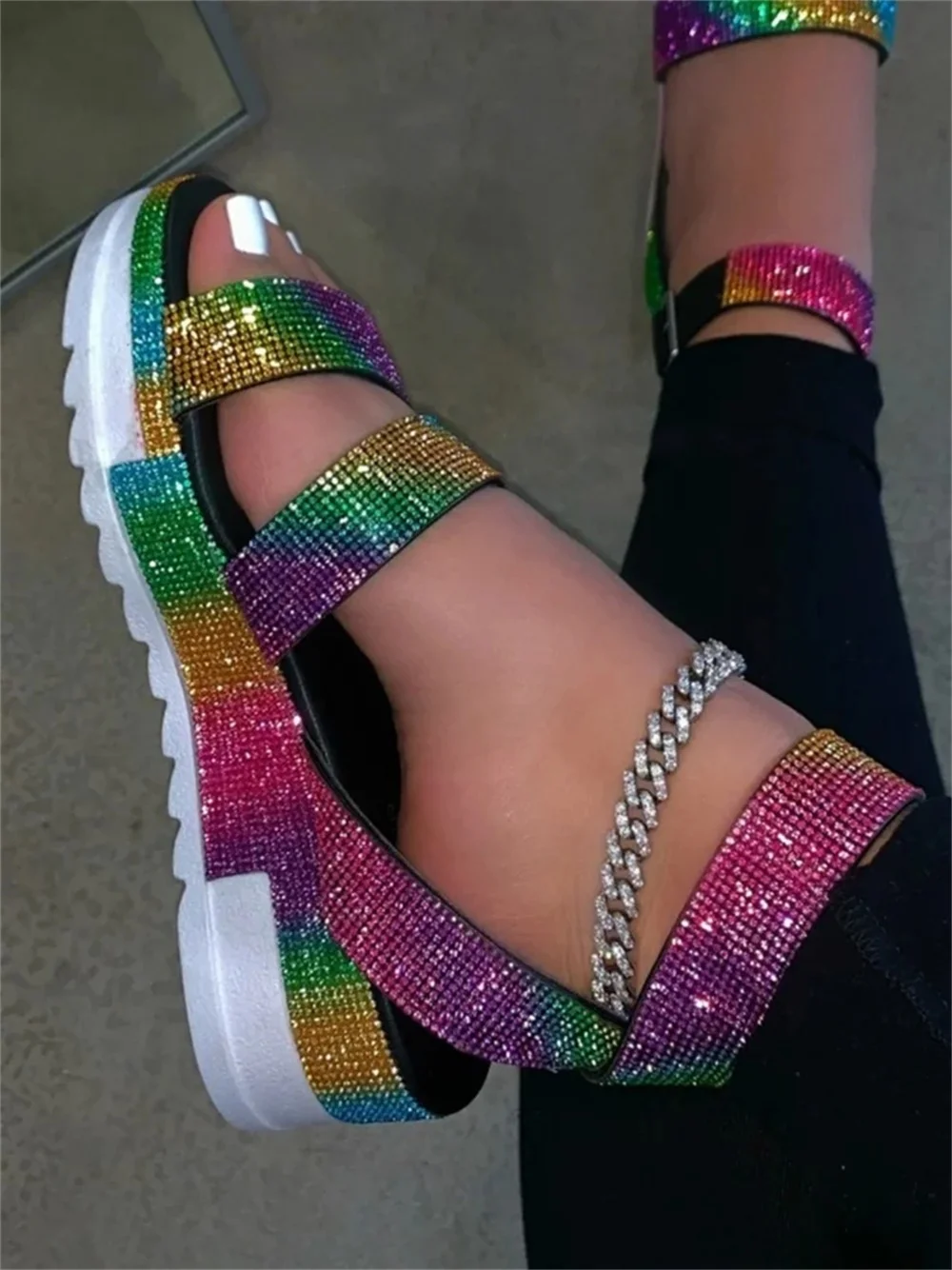 

Women Platform Sandals 2021 Summer New Colorful Rhinestone Ladies Dress Shoes Thick Bottom 35-43 Female Casual Beach Sandals
