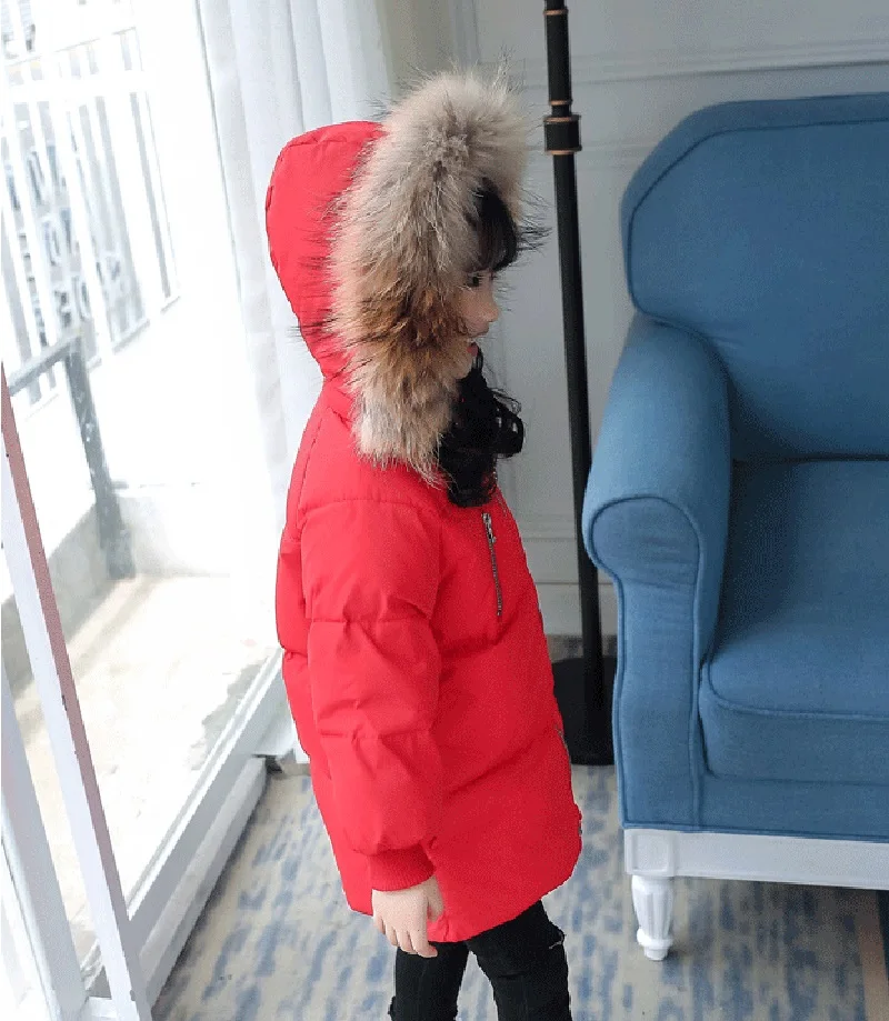 Детская одежда коллекция года, зимняя куртка для девочек, теплые длинные пуховые пальто с меховым воротником и капюшоном для мальчиков, куртки для 2, 3, 4, 5, 6, 7, 8 лет