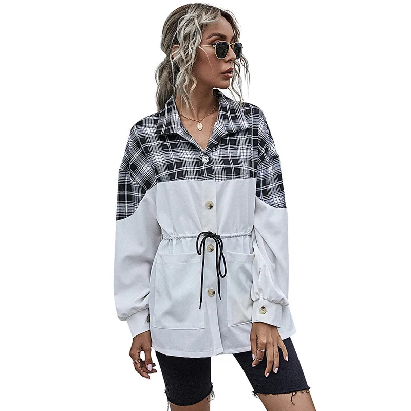 

2021fashion casual Lapel Plaid Shirt women long sleeve rubber band waist top Free shipping