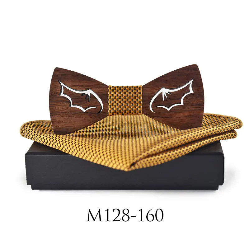 

Sitonjwly Wooden Bow Tie Box Handkerchief Set for Men's Bowtie Wood Hollow Carved Neck Wear Women Scarf Set Cravat