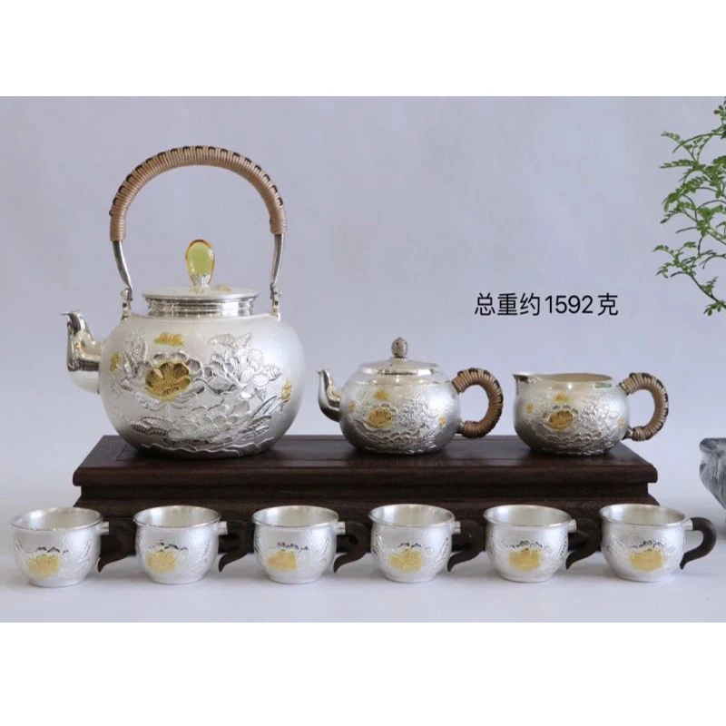 Silver pot 999 sterling silver handmade tea set Japanese retro teapot kettle home tea ceremony Kungfu tea set 1100ml