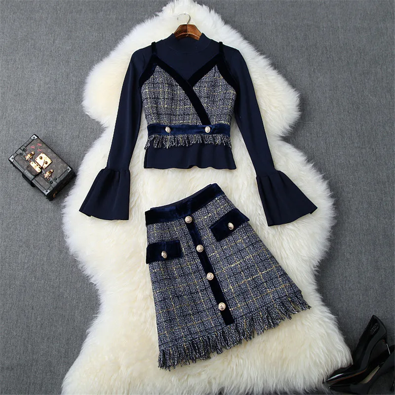 Женский комплект из 3 предметов трикотажный клетчатый твидовый костюм юбки с