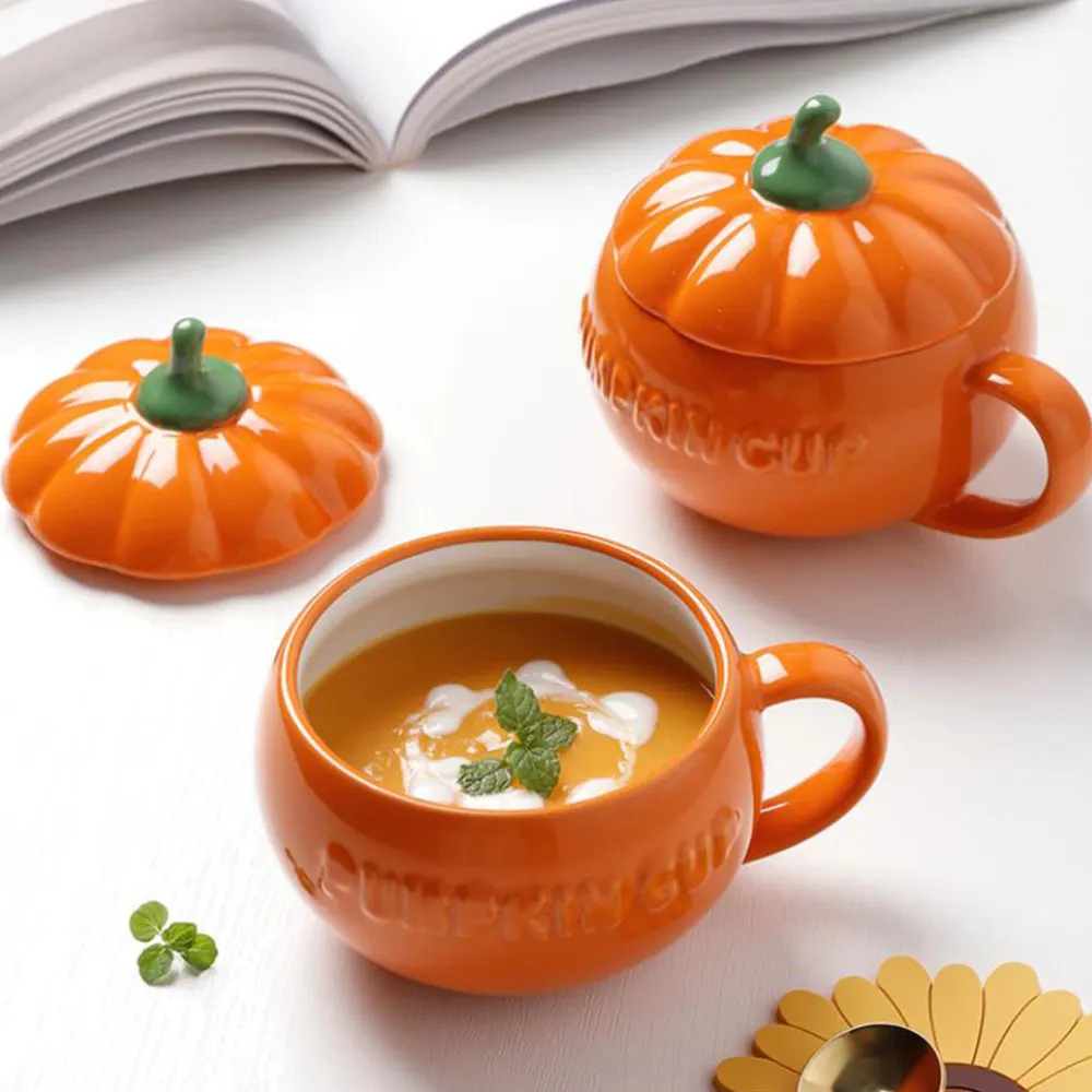 

2 Pcs Pumpkin Shape Ceramic Mugs With Covers Breakfast Mugs (Orange)