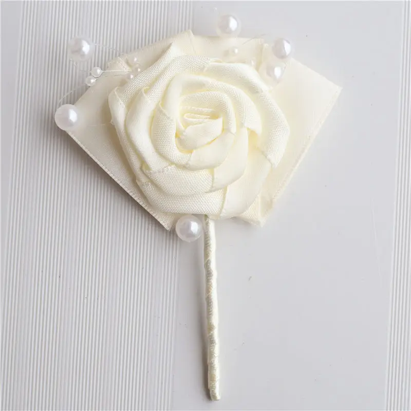 European Wedding Groom Boutonniere Pearl Corsage Customizable Ivory Ribbon Rose Ceremony Flower Man Suit Lapel Pin Brooch X994-J | Свадьбы и