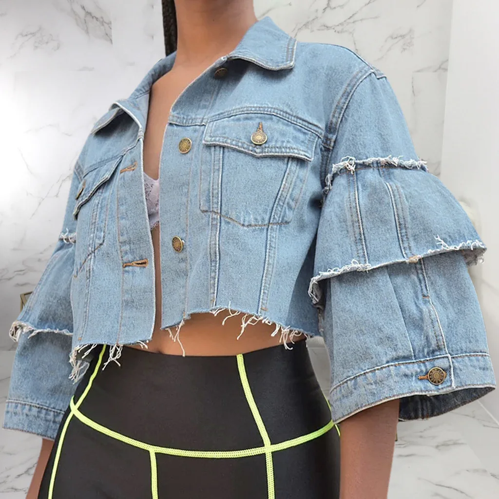 

S-XXXL Women's Denim Jacket Button Down Distressed Ruffle Sleeve Crop Jean Jackets Coat