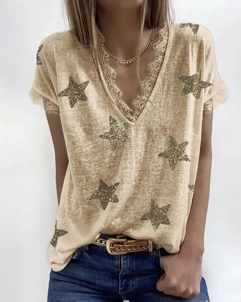 

Ladies Summer V-neck Printed Lace T-shirt Top