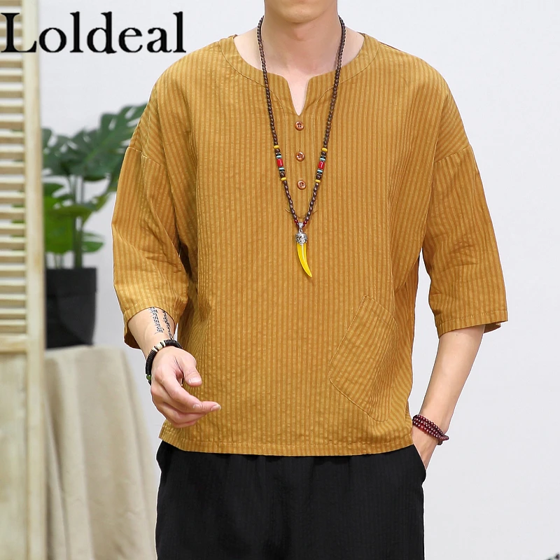 

Loldeal Chinese Style Short-sleeved T-shirt Men's Slim Cotton Comfortable Solid Color Casual V-neck