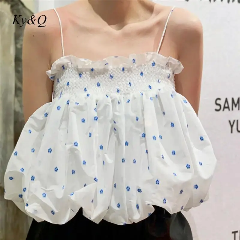 Summer Fashion French Sexy Flower Suspender Vest Cute Girl Puffy Camisole Women Floral Pattern Chic Casual Tank Tops Clothes