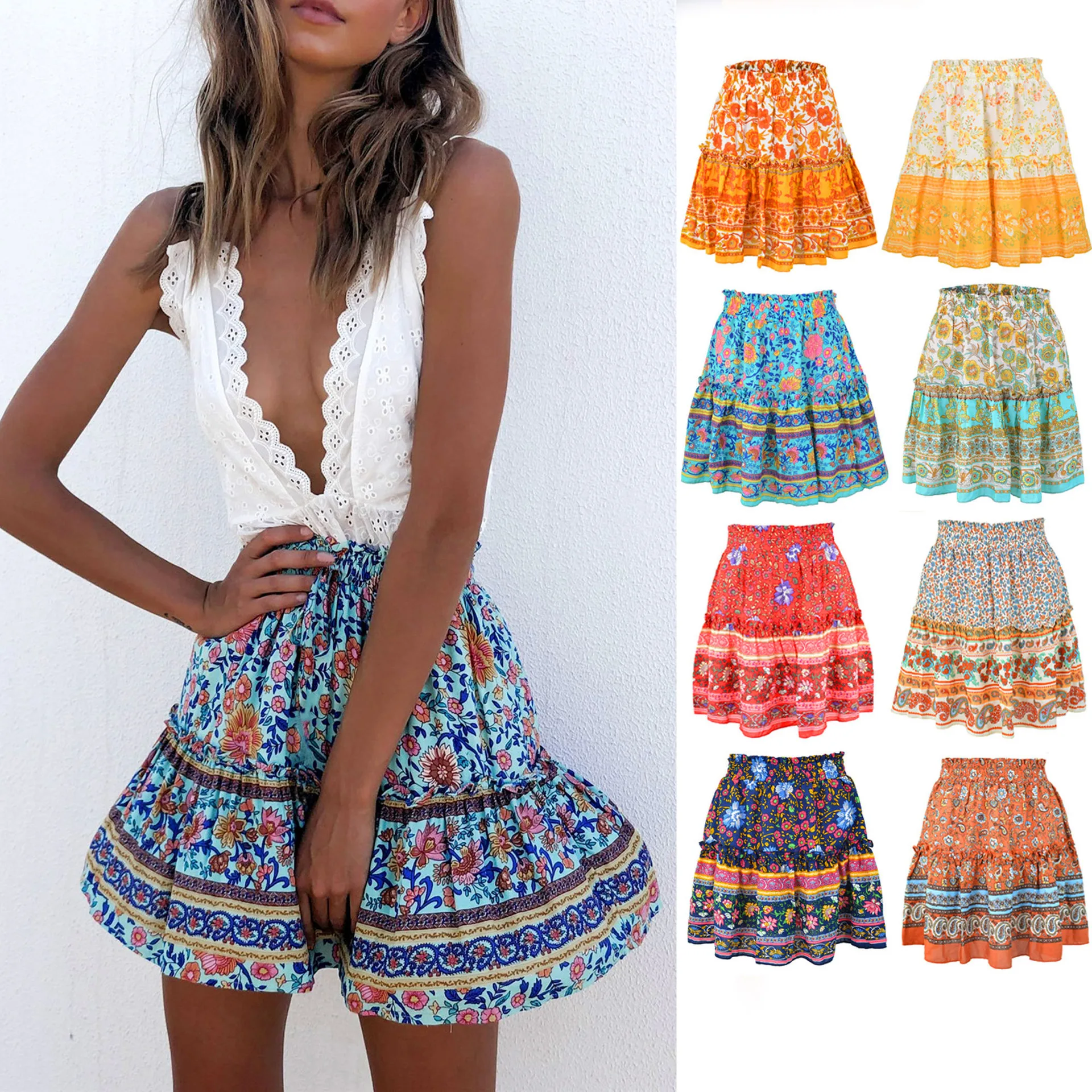 

Fashion Mini Printed Sexy Skirts Vintage Bohemian Folk Style Y2k Harajuku Ruffled Skirt Summer Clothes For Women Pleated Skirt