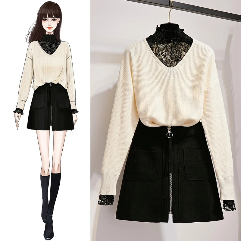 

2020 Autumn Women Long Sleeves Patchwork Lace High Collar Sweater + Zipper Skirts 2pcs Sets Female Casual Suits Outfit A2034