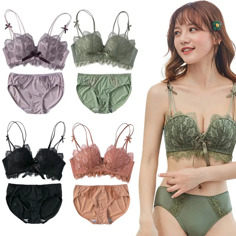 

Fashion Women Lace Lavender Gathered Bra Sexy Adjustment Bra Bow Wire Free Bra 3/4 Cup Bra + Panties Set