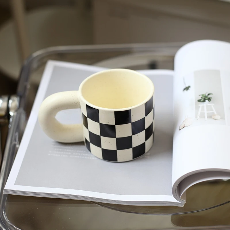 

Nordic Ins Style Checkerboard Ceramic Mug Dish Set Checkerboard Vintage Coffee Cup Milk Breakfast With Tray