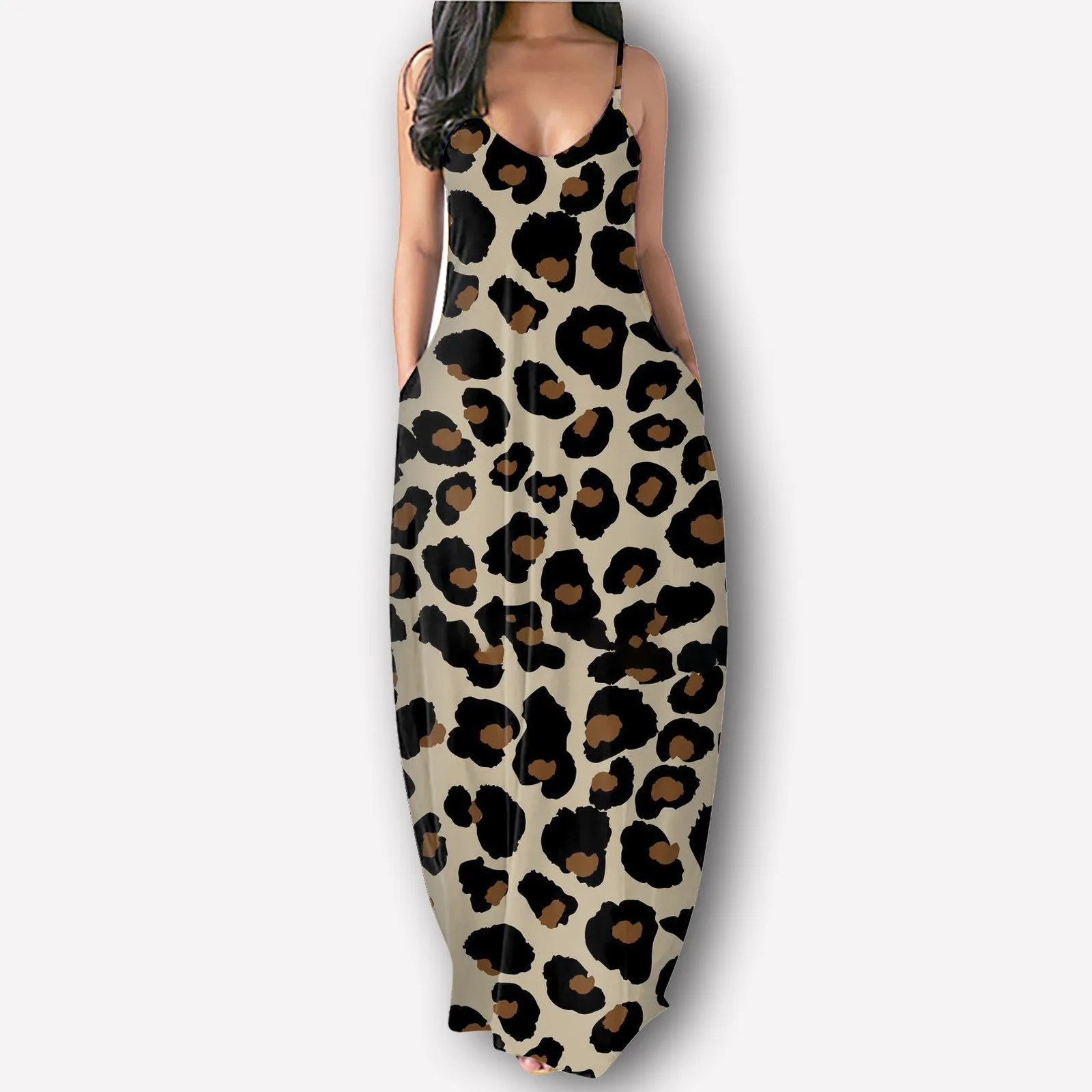Женское летнее платье без рукавов с леопардовым принтом V-образным вырезом и