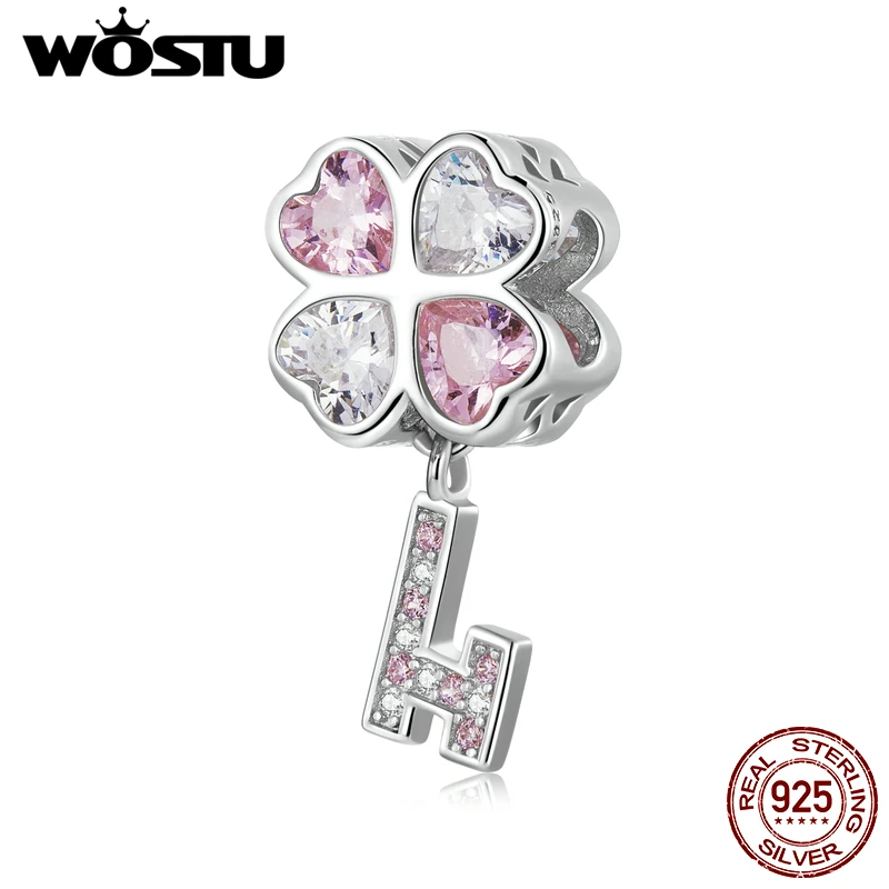 

WOSTU Real 925 Sterling Silver Exquisite Heart Clover Key Charm Bead Charm Fit Pendant DIY Fashion Jewelry Making For Women Gift