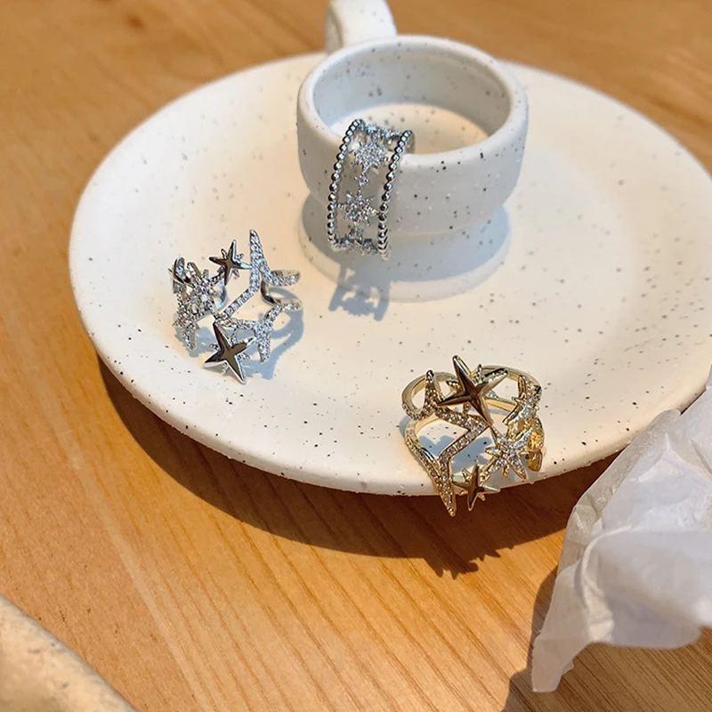 Трендовые кольца с кубическим цирконием три цвета Звездные Кольца двухслойные