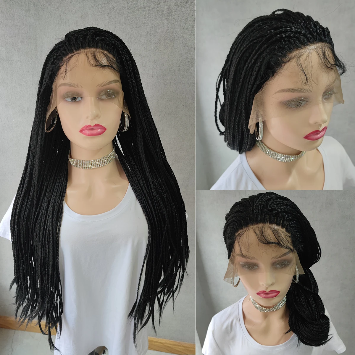 Long Braided Box Braids Lace Front Wig Black Color Afrian Women Style Mirco With Baby Hair 13X4 Frontal | Шиньоны и парики