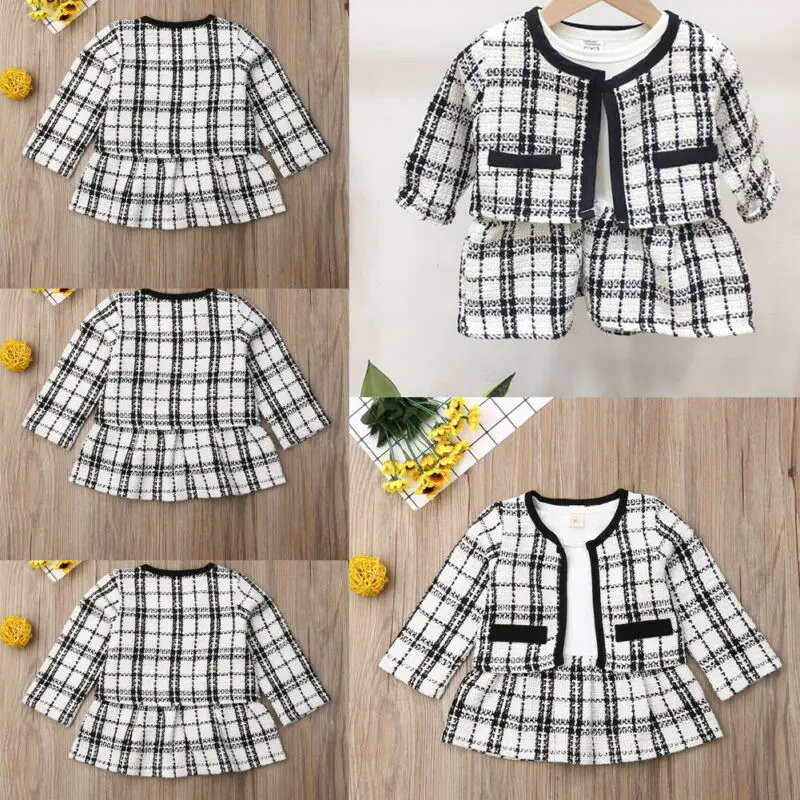 Fashion Baby Birthday Kid Girl Clothes Outfit Tutu Skirt Dress+ Plaid Coat Top 2Pcs Party Warm Small Fragrance Set | Мать и ребенок