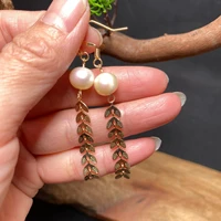 14k gold coated wheat ear chain tree leaf freshwater pearl earrings