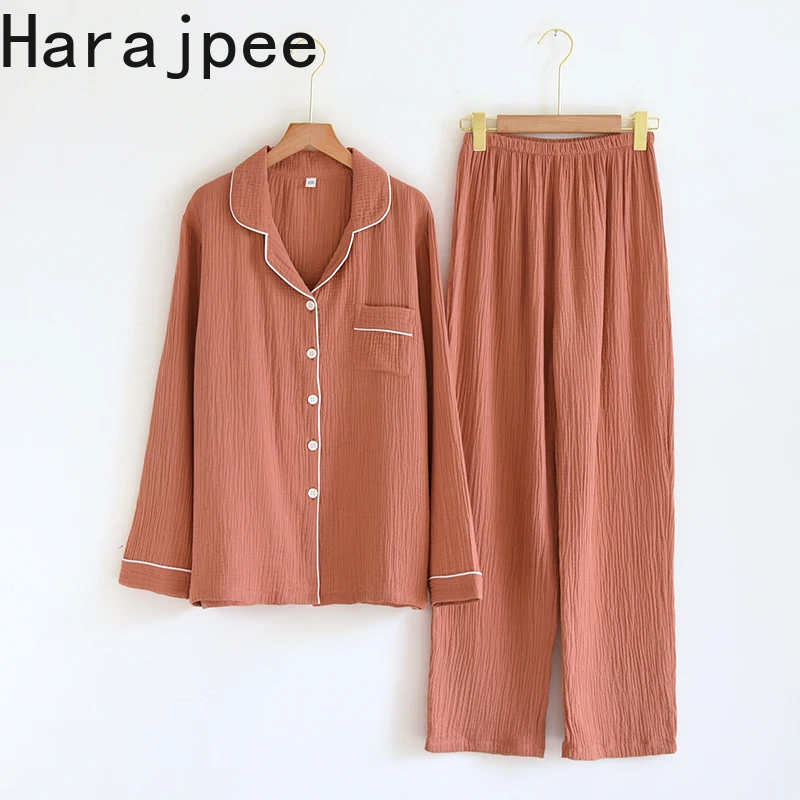 

Harajpee Couple's Home Clothes Set Japanese Solid Pajamas Women's Spring Autumn Cotton Double Layer Long Sleeved Cardigan Men's