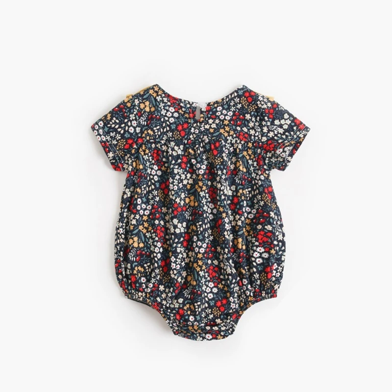 

Newborn Baby Floral Bodysuit Girl Short Sleeve Lapel Romper Headband Coverall One-piece Pants Jumpsuit Triangle infant toddler