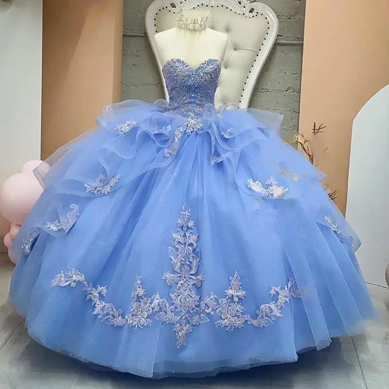 

Elegant Sky Blue Quinceanera Dresses Beaded Lace Applique Tiered Floor Length Sweetheart Neckline Sweet 16 Birthday Party Gown