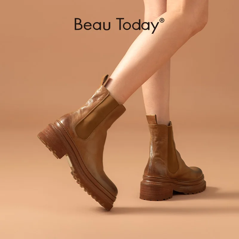 ting BeauToday botki Chelsea damskie skóra końska Retro woskowanie okrągłe Toe gumką buty na platformie podeszwa ręcznie robione 03503