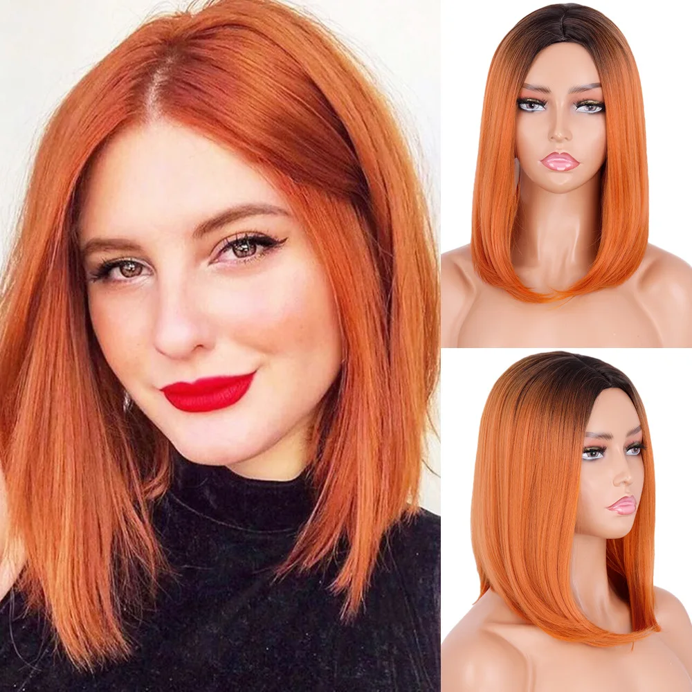 

DAN BO black and orange dyed straight collarbone hair, Bob head female synthetic wig