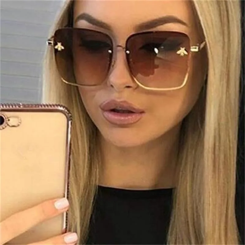 

Luxury Brand Designer Sunglasses Woman Vintage Rimless Square Sun Glasses Female Gradient Shades Little Bee Ladies Oculos