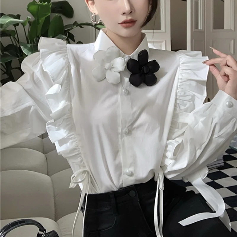 

White French Elegant Blouse Women 2022 Flower Korean Style Chic Blouse Female Autumn Winter Loose Designer Long Slevee Tops New