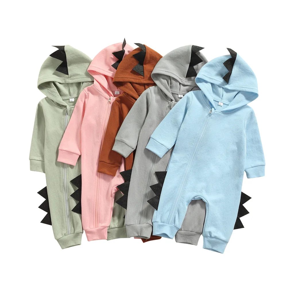 

Baby Boy Girl Cute Dinosaur Rompers 0-18M Newborn Infant Toddler Spring Fall Casual Cotton Long Sleeve Hooded Jumpsuits 2021